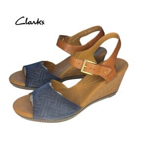 Clarks Collection Sandals Cork Wedge Open Toe Ankle Straps Blue Tan 9.5